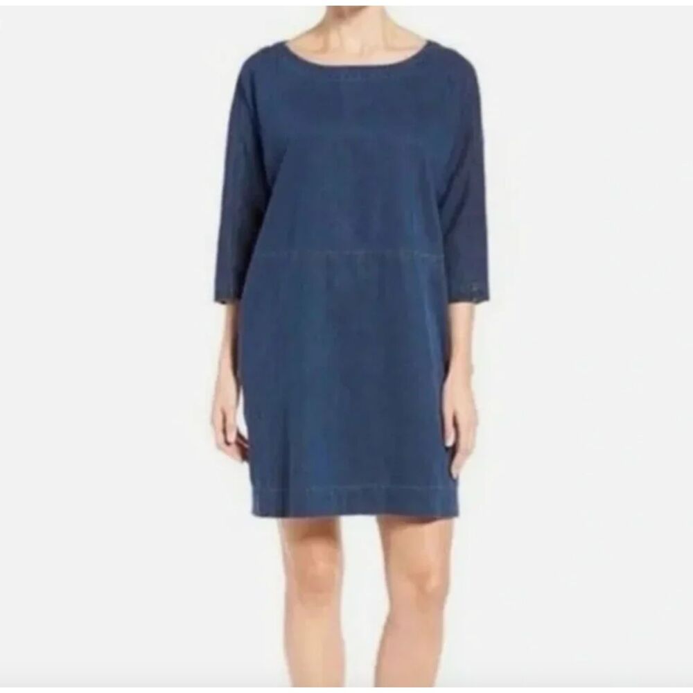 Eileen Fisher Minimalist Lagenlook Dress Blue Tencel Denim Shift Pocket, Medium